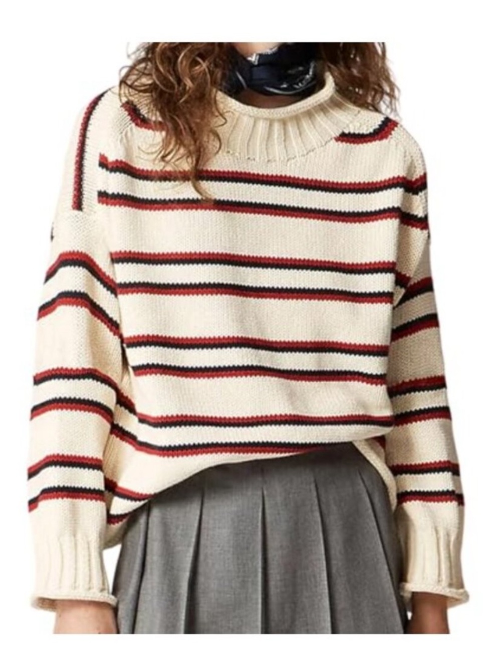 J. Crew Cream Sweater with Red and Black Stripes
